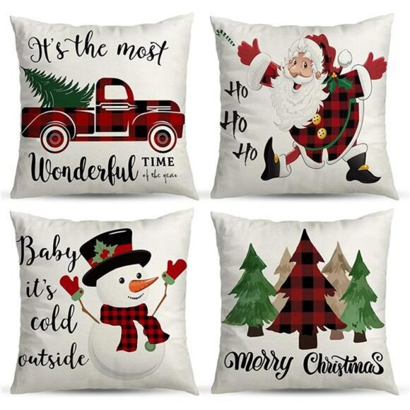 18x18 Set of 4 Red Black Christmas Tree Truck Snowman Farmhouse Pillow Case - Picture 1 of 6